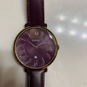 Women’s Fossil watch, burgundy with leather band. Needs battery